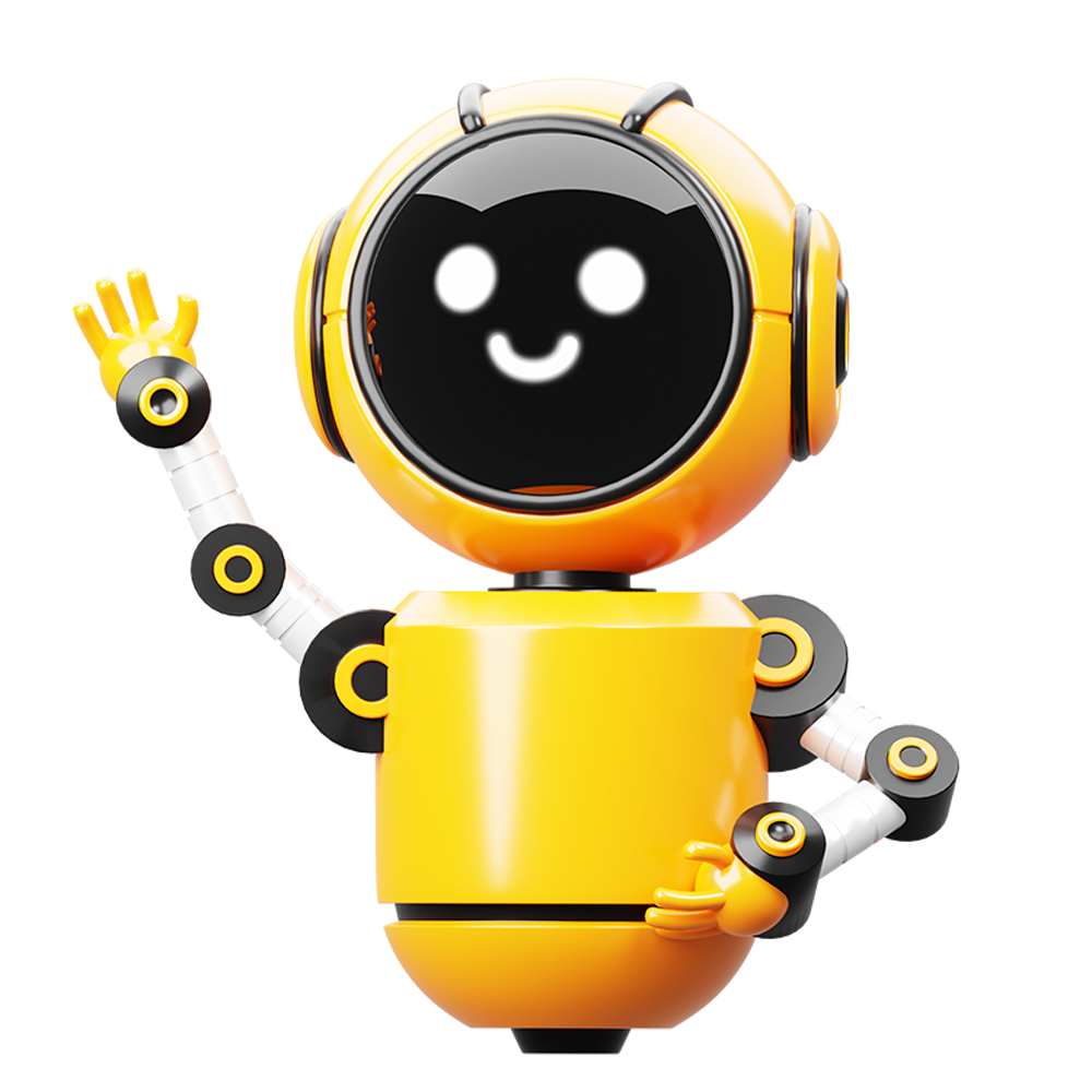 Friendly yellow robot with a smiling face, designed by BeeClicked, waving and posing.