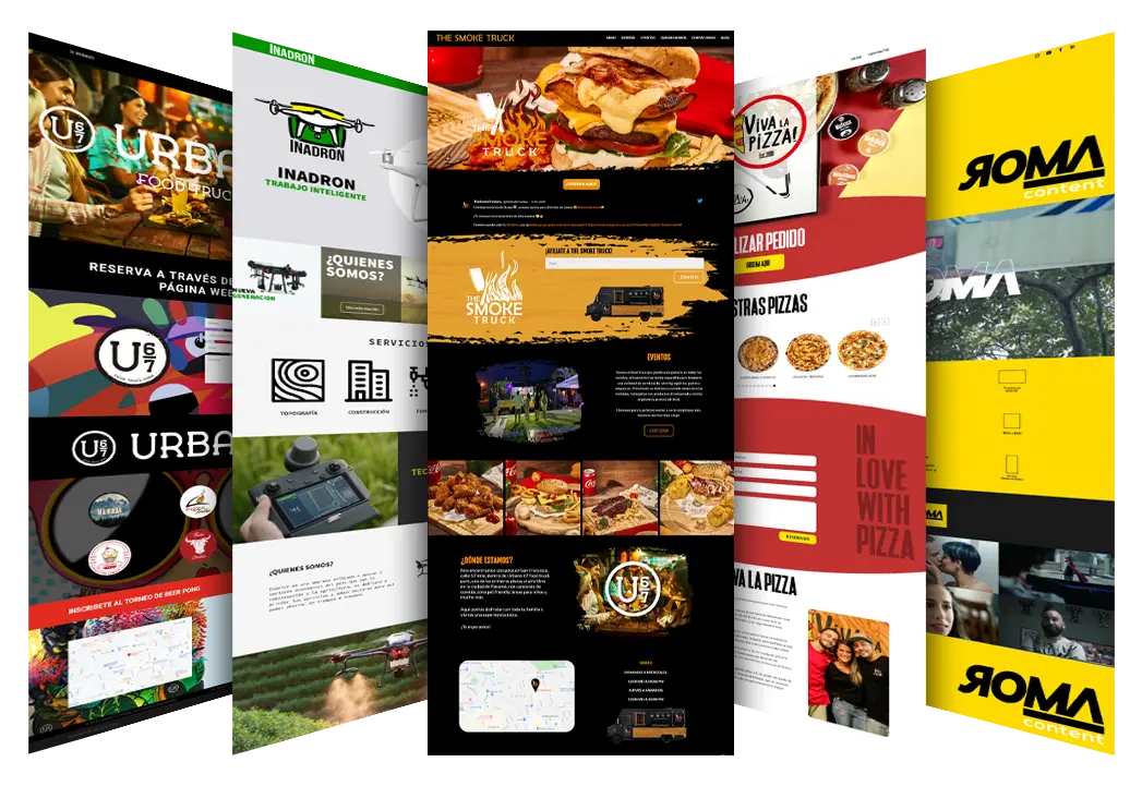 A collection of modern and dynamic website designs crafted by BeeClicked, featuring diverse industries such as food services, technology, and branding.